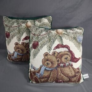2 Riverdale Tapestry Throw Pillows 15" x 15" Teddy Bear Christmas Home Decor